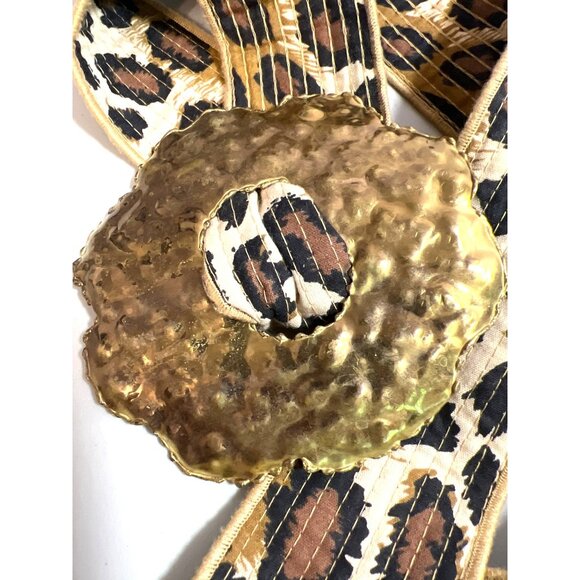 Vintage Hammered Brass Floral Belt Buckle Leopard Print Adjustable Fabric Strap - Picture 1 of 8